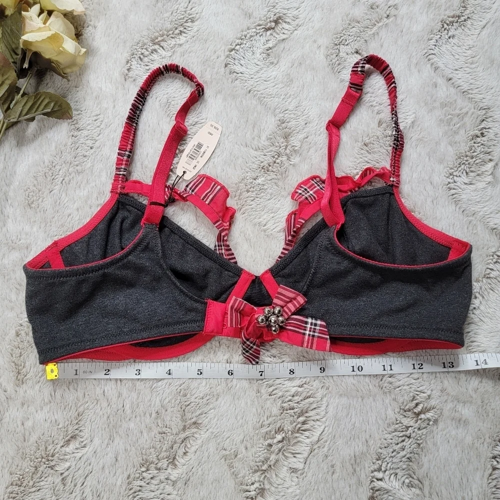 Victoria's Secret Gray Red Plaid Trim Bells Accent Unlined Demi Bra NWT Size 36D